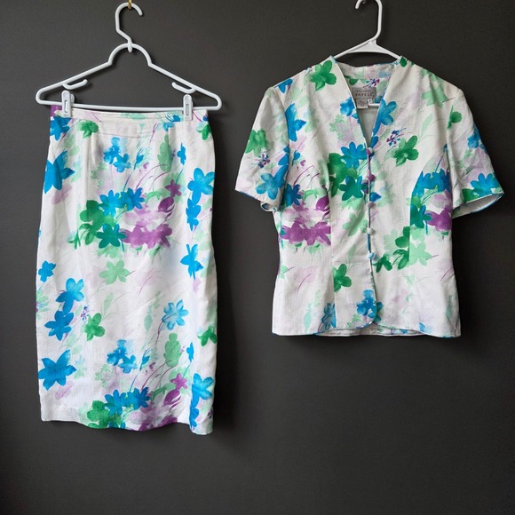 Vintage Adrianna Papell 100% Silk Floral Skirt Set Blue Green Purple Womens 8 - Picture 2 of 13